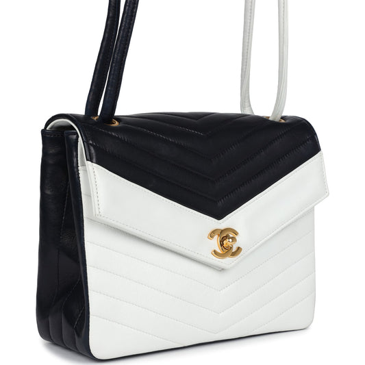 Chanel Vintage Chevron Envelope Flap Shoulder Bag Navy and White Lambskin Gold Hardware