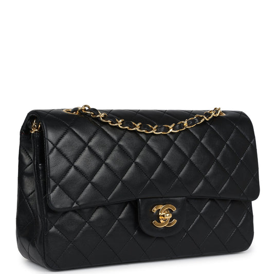 Chanel Vintage Medium Classic Double Flap Bag Black Lambskin Gold Hardware