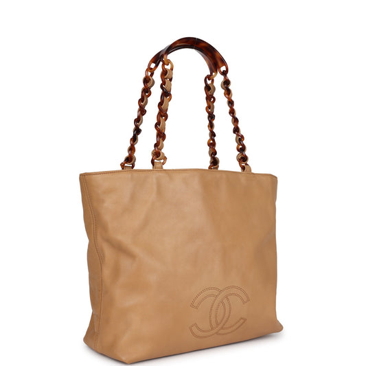 Chanel Vintage CC Shopping Tote Beige Lambskin Tortoiseshell Bakelite Hardware