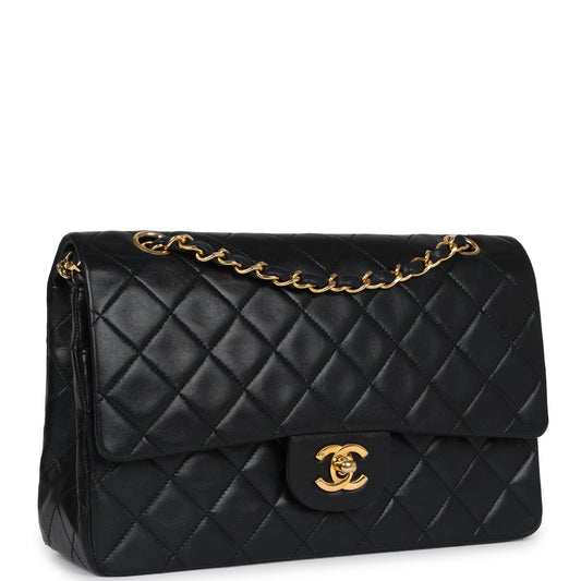 Chanel Vintage Medium Classic Double Flap Bag Black Lambskin Gold Hardware