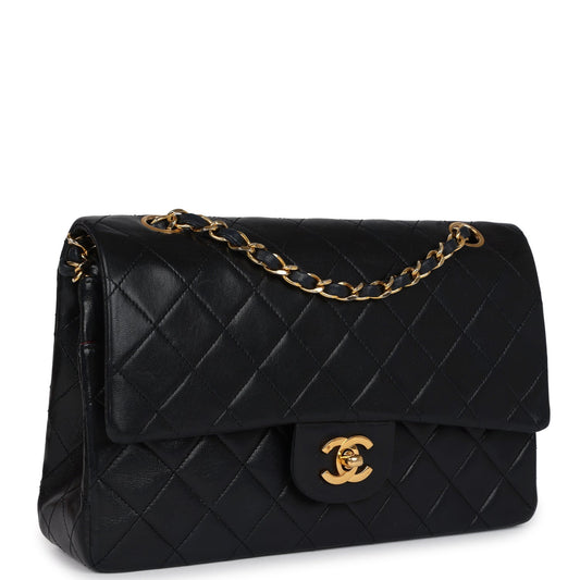 Chanel Vintage Medium Classic Double Flap Bag Black Lambskin Gold Hardware