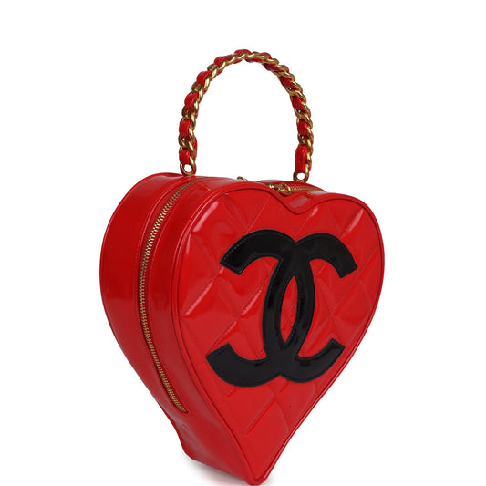 Chanel Vintage Heart Vanity Bag Red and Black Patent Antique Gold Hardware