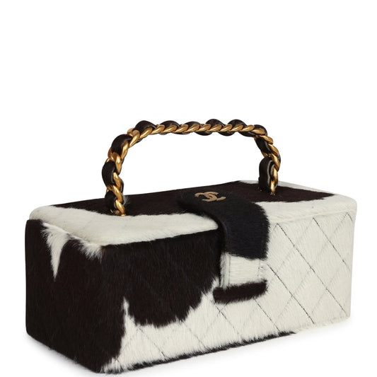 Chanel Vintage Rectangular Vanity Box Brown and White Cow Print Pony Hair Antique Gold Hardware