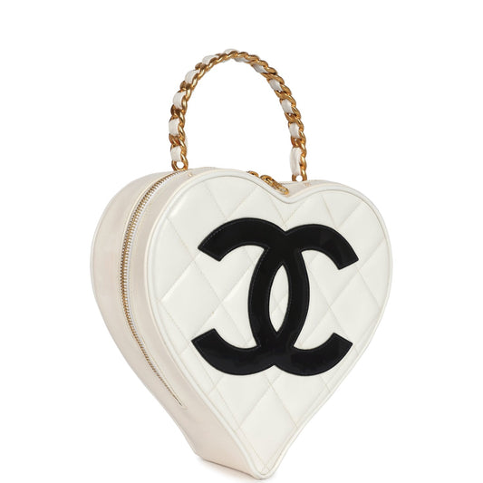 Chanel Vintage Heart Vanity Bag White and Black Patent Antique Gold Hardware