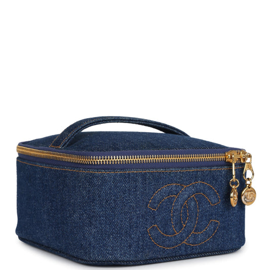 Chanel Vintage Square Vanity Case Dark Blue Denim Gold Hardware