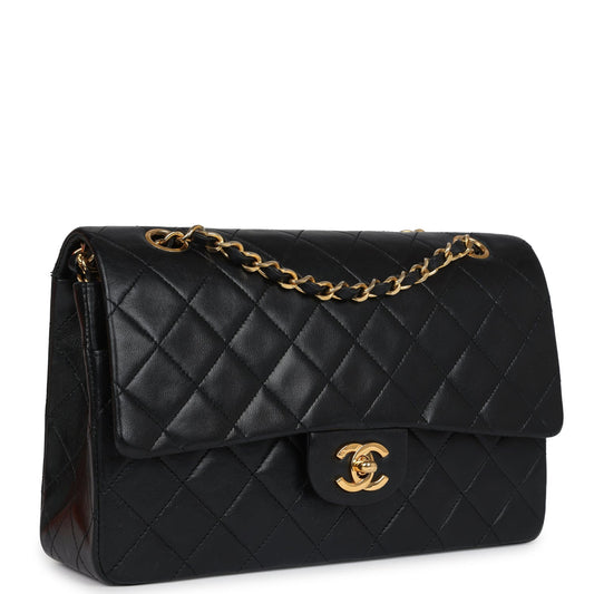 Chanel Vintage Medium Classic Double Flap Bag Black Lambskin Gold Hardware