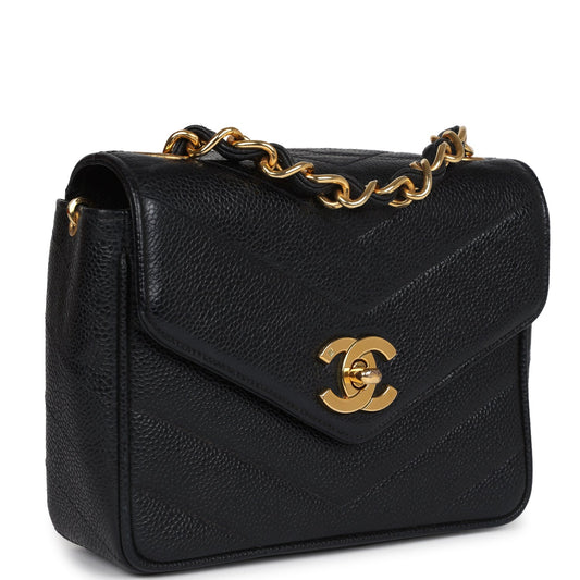 Chanel Vintage Square Chevron Envelope Flap Bag Black Caviar Gold Hardware