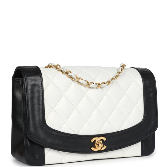Chanel Vintage Medium Diana Flap Bag White and Black Lambskin Gold Hardware
