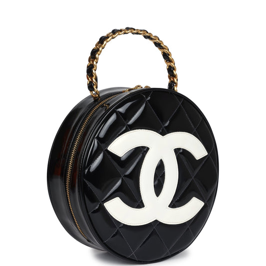 Chanel Vintage Round Vanity Bag Black and White Patent Leather Antique Gold Hardware