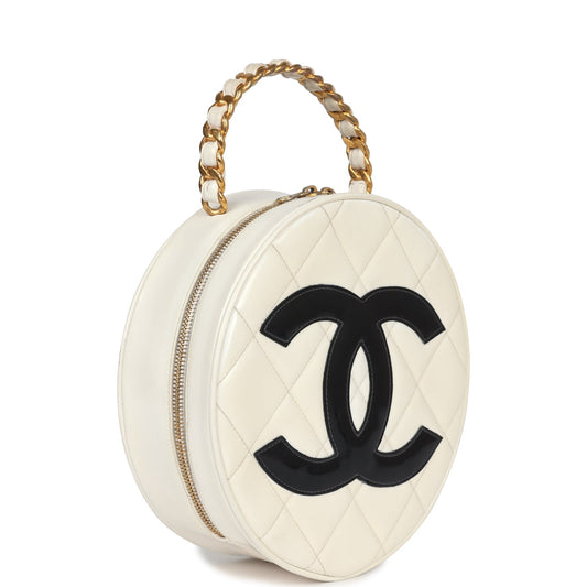 Chanel Vintage Round Vanity Bag White and Black Patent Leather Antique Gold Hardware