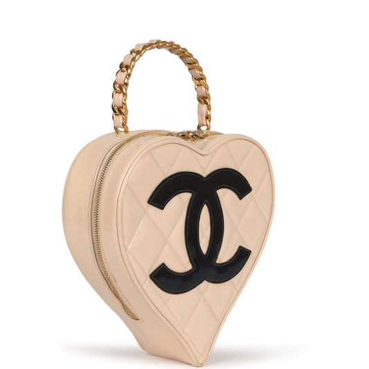 Chanel Vintage Heart Vanity Bag Beige and Black Patent Antique Gold Hardware