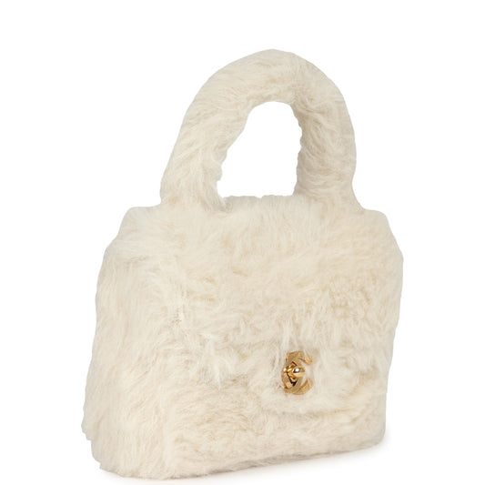 Chanel Vintage Micro Kelly Child White Rabbit Fur Gold Hardware