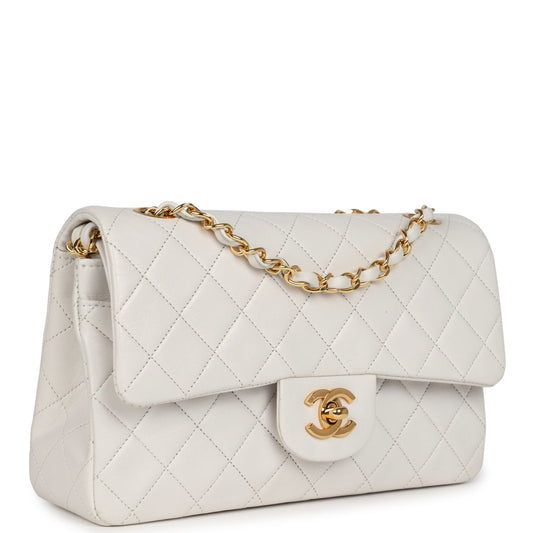 Chanel Vintage Small Classic Double Flap Bag White Lambskin Gold Hardware