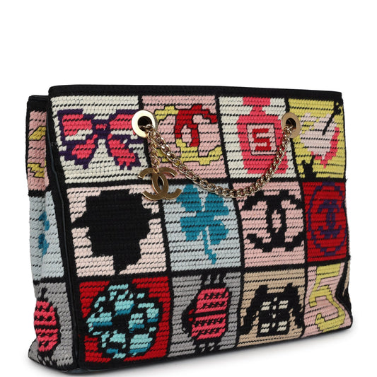 Chanel Vintage Precious Symbols Needle Point Tote Multicolor Wool Gold Hardware