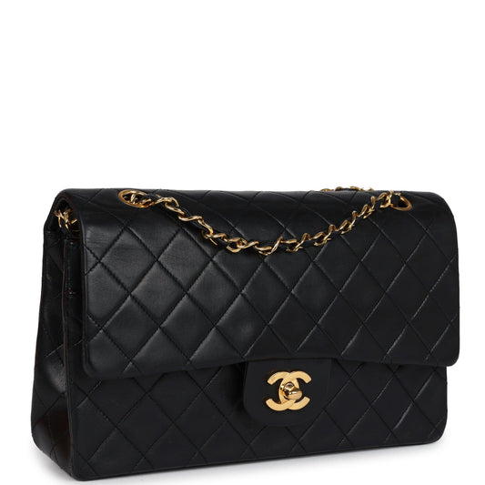 Chanel Vintage Medium Classic Double Flap Bag Black Lambskin Gold Hardware