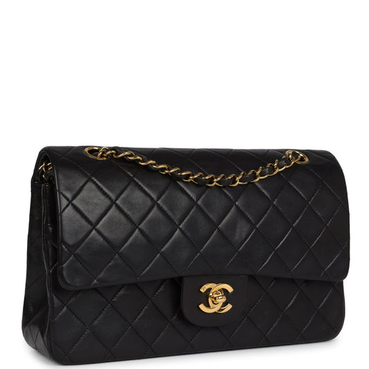 Chanel Vintage Medium Classic Double Flap Bag Black Lambskin Gold Hardware