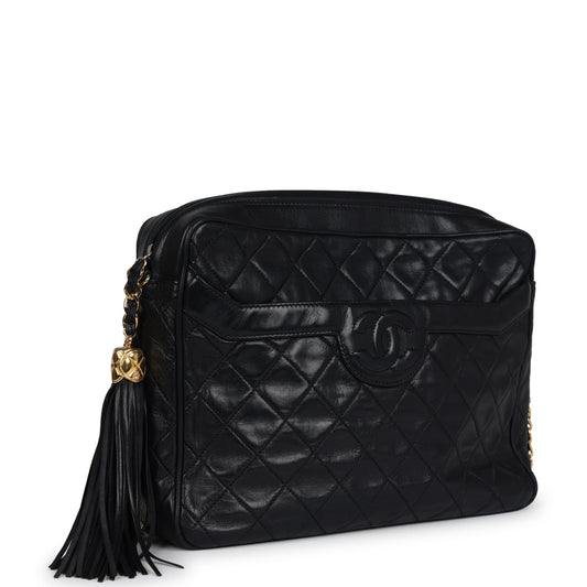 Chanel Vintage Large Front Pocket Camera Bag Black Lambskin Gold Hardware