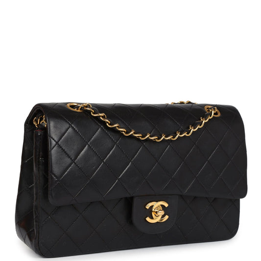 Chanel Vintage Medium Classic Double Flap Bag Black Lambskin Gold Hardware