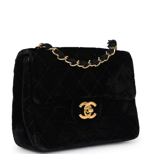 Chanel Vintage Mini Square Flap Bag Black Velvet Gold Hardware