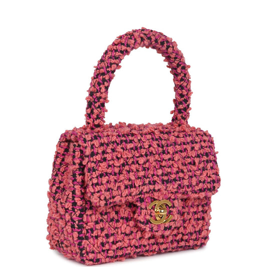 Chanel Vintage Micro Kelly Child Flap Bag Pink and Black Tweed Boucle Gold Hardware