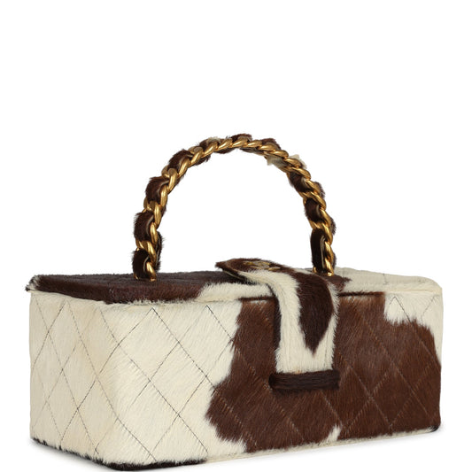 Chanel Vintage Rectangular Vanity Box Brown and White Cow Print Pony Hair Antique Gold Hardware