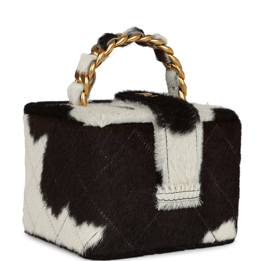 Chanel Vintage Square Vanity Box Brown and White Cow Print Pony Hair Antique Gold Hardware