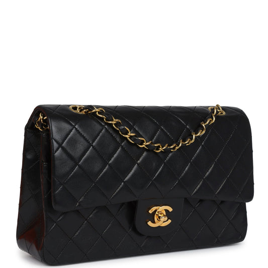 Chanel Vintage Medium Classic Double Flap Bag Black Lambskin Gold Hardware