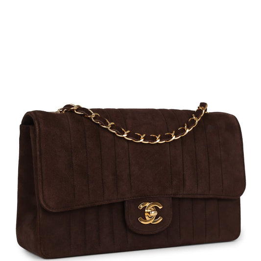 Chanel Vintage Medium Vertical Flap Bag Brown Suede Gold Hardware