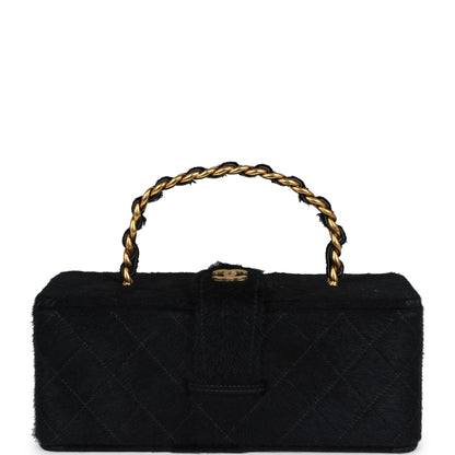 Chanel Vintage Rectangular Vanity Box Black Pony Hair Antique Gold Hardware