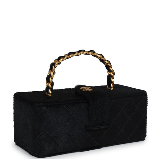Chanel Vintage Rectangular Vanity Box Black Pony Hair Antique Gold Hardware