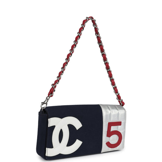 Chanel Vintage N0.5 Chain Shoulder Bag Navy, Silver, Red Canvas Silver Hardware