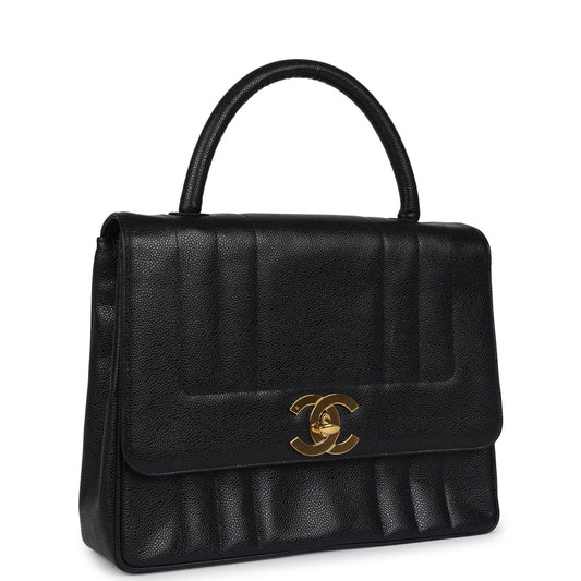 Chanel Vintage Vertical Stripe Kelly Flap Bag Black Caviar Gold Hardware