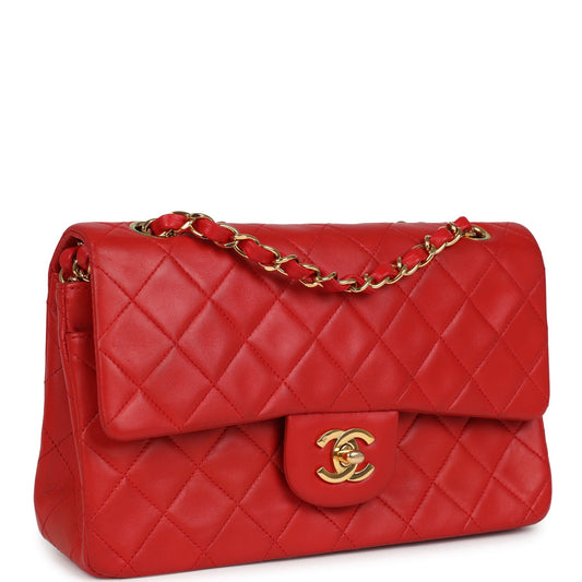 Chanel Vintage Small Classic Double Flap Bag Red Lambskin Gold Hardware