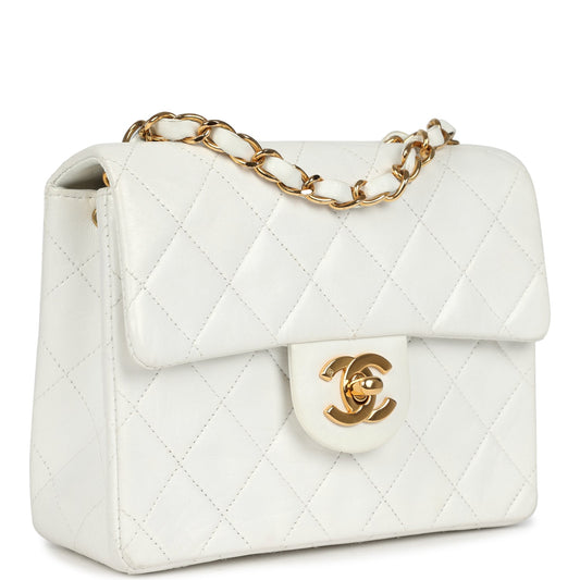 Chanel Vintage Mini Square Flap Bag White Lambskin Gold Hardware