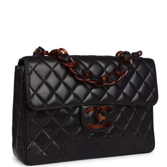 Chanel Vintage Jumbo Single Flap Bag Black Lambskin Tortoiseshell Bakelite Hardware
