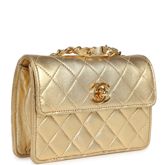 Chanel Vintage Micro Half Flap Bag Metallic Gold Lambskin Gold Hardware