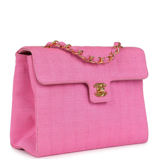 Chanel Vintage Vertical Mademoiselle Shoulder Bag Pink Linen Gold Hardware