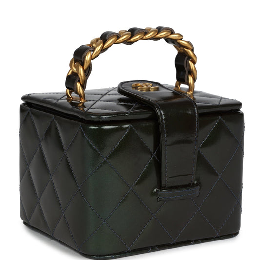 Chanel Vintage Mini Square Vanity Green Patent Antique Gold Hardware