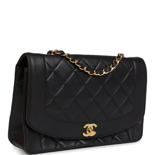 Chanel Vintage Medium Diana Flap Bag Black Lambskin Gold Hardware