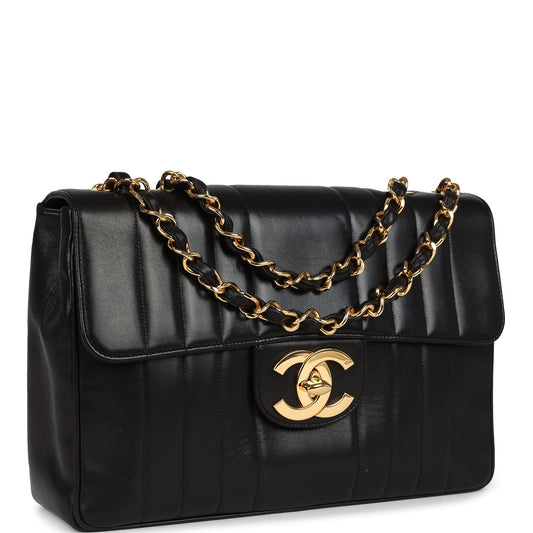 Chanel Vintage Jumbo Mademoiselle Vertical Flap Black Lambskin Gold Hardware