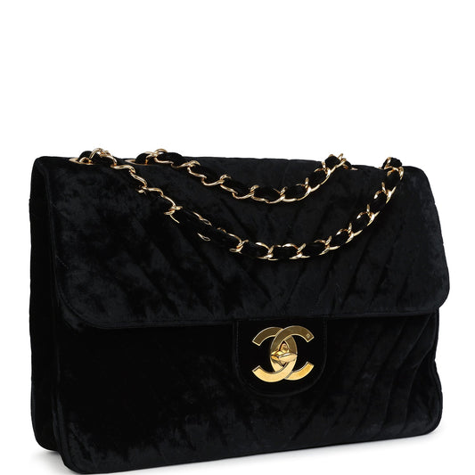 Chanel Vintage XL Chevron Single Flap Bag Black Velvet Gold Hardware