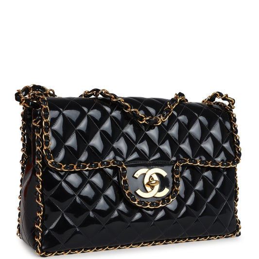Chanel Vintage Maxi Chain Around Single Flap Bag Black Patent Gold Hardware