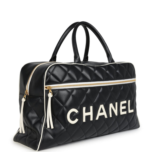 Chanel Vintage Large Logo Boston Bag Black and White Calfskin Gold Hardware