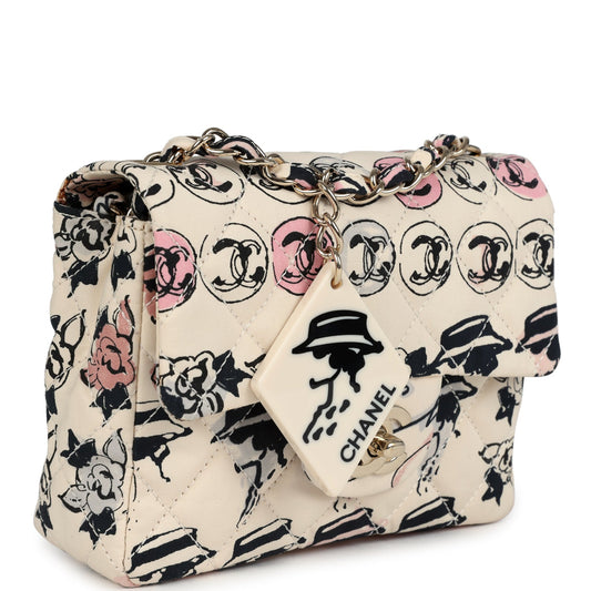 Chanel Vintage Mini Logo Square Flap Bag Light Pink Multi Printed Nylon Light Gold Hardware