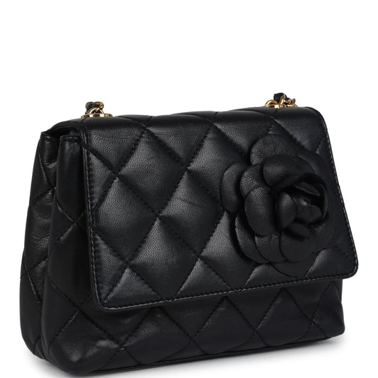 Chanel Vintage Mini Camellia Flap Bag Black Lambskin Gold Hardware