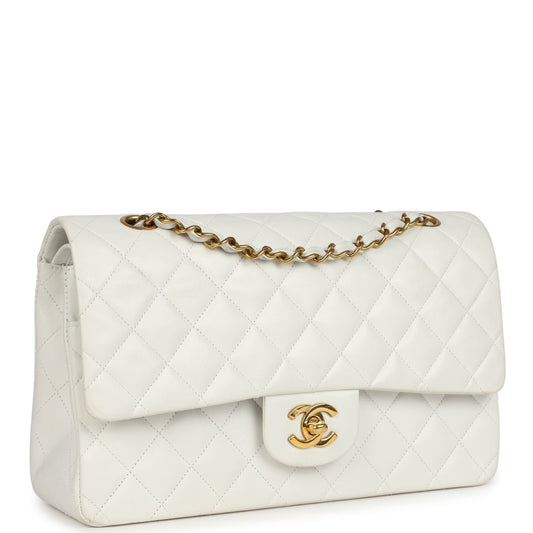 Chanel Vintage Medium Classic Double Flap Bag White Lambskin Gold Hardware