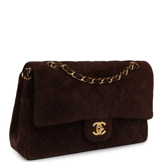 Chanel Vintage Medium Classic Double Flap Bag Brown Suede Gold Hardware
