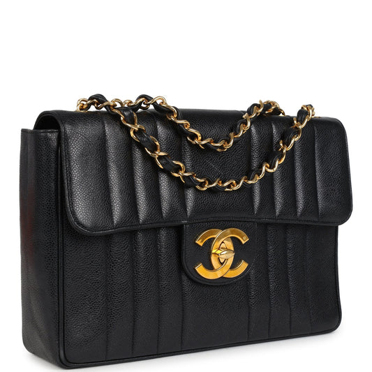 Chanel Vintage Jumbo Mademoiselle Vertical Flap Black Caviar Gold Hardware