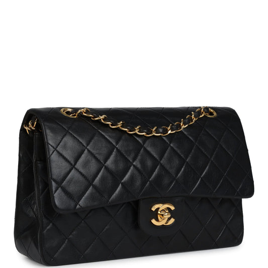 Chanel Vintage Medium Classic Double Flap Bag Black Lambskin Gold Hardware