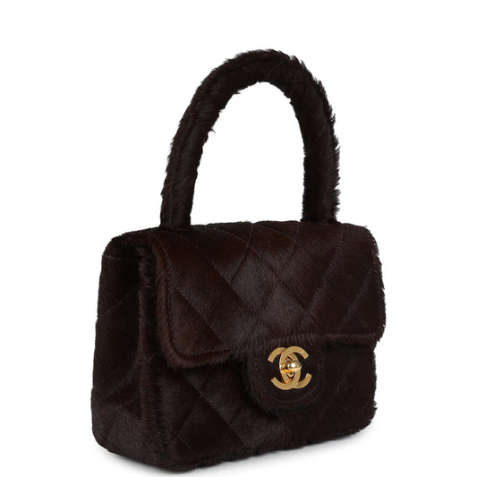 Chanel Vintage Micro Kelly Child Dark Brown Pony Hair Gold Hardware
